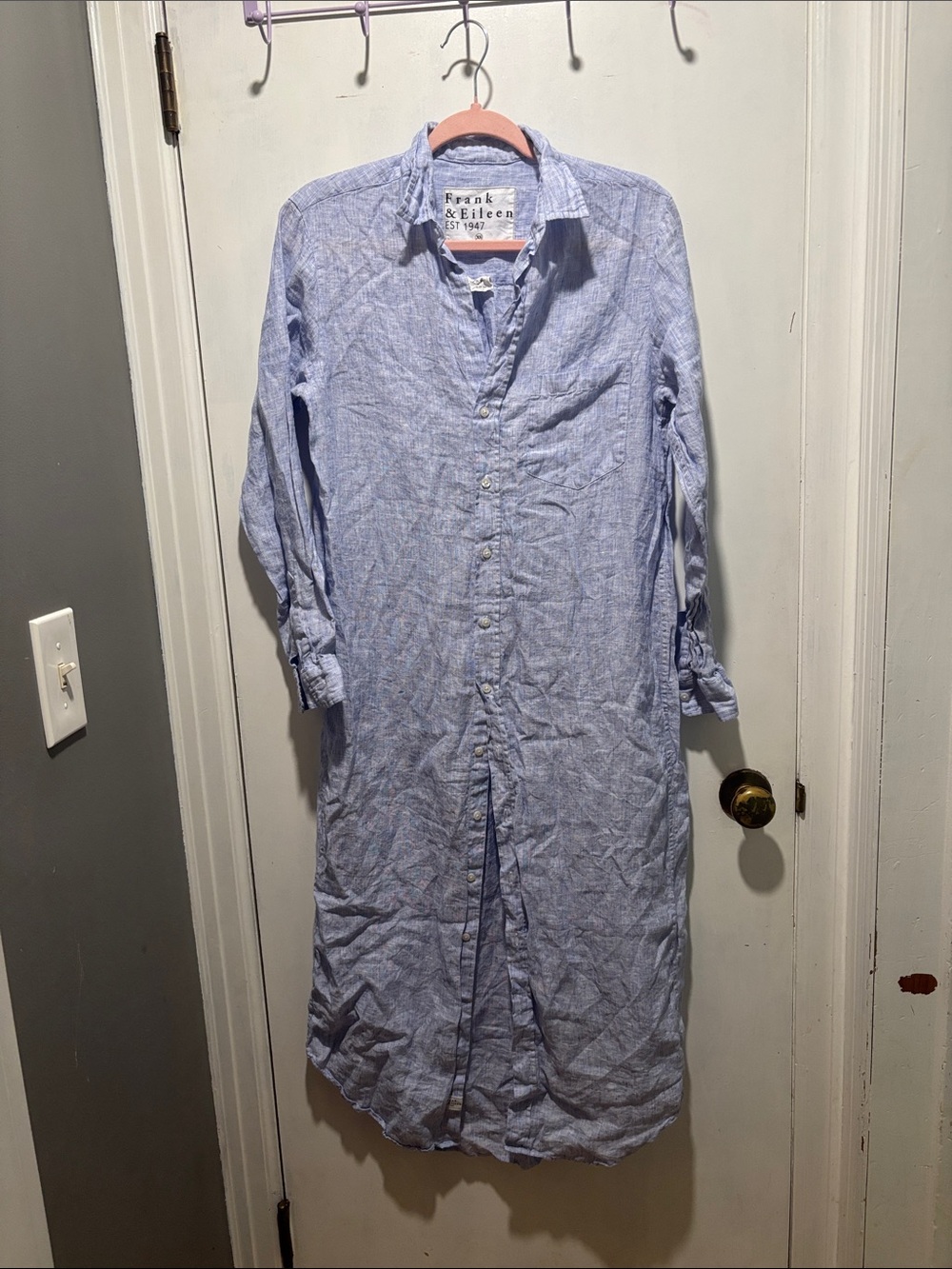 FRANK & EILEEN Rory linen midi button down dress in blue size xs